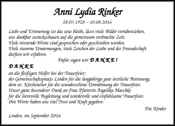 Traueranzeige von Anni Lydia Znker von  Gießener Anzeiger