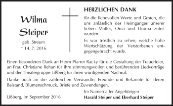 Traueranzeige von Wilma Steiper von  Kreisanzeiger