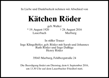 Traueranzeige von Kätchen Röder von Trauerportal Echo Online