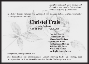 Traueranzeige von Christel Frais von  Kreisanzeiger
