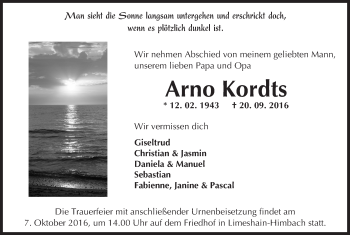 Traueranzeige von Arno Kordts von  Kreisanzeiger