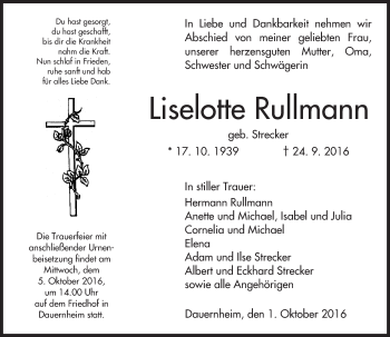 Traueranzeige von Liselotte Rullmann von  Kreisanzeiger