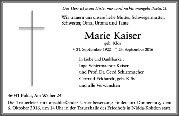 Traueranzeige von Marie Kaiser von  Kreisanzeiger