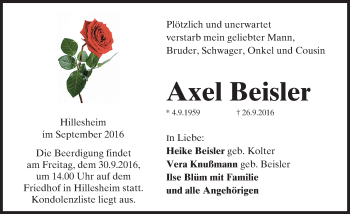 Traueranzeige von Axel Beisler von Trauerportal Rhein Main Presse