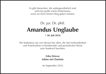 Traueranzeige von Amandus Unglaube von Trauerportal Rhein Main Presse