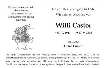 Traueranzeige von Willi Castor von Trauerportal Rhein Main Presse