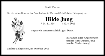Traueranzeige von Hilde Jung von  Gießener Anzeiger