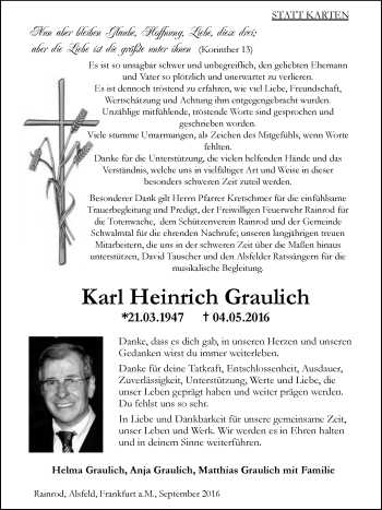 Traueranzeige von Karl Heinrich Graulich von VRM Trauer