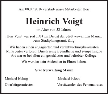 Traueranzeige von Heinrich Voigt von Trauerportal Rhein Main Presse