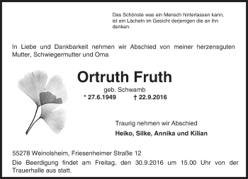 Traueranzeige von Ortruth Fruth von Trauerportal Rhein Main Presse