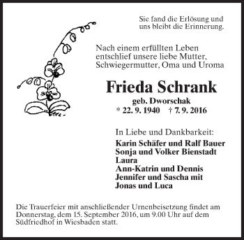 Traueranzeige von Frieda Schrank von Trauerportal Rhein Main Presse