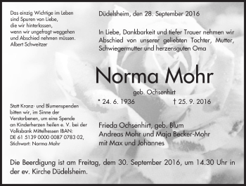 Traueranzeige von Norma Mohr von  Kreisanzeiger