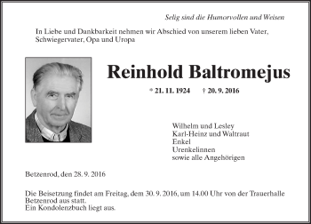 Traueranzeige von Reinhold Baltromejus von  Kreisanzeiger