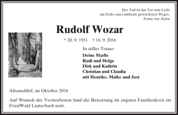 Traueranzeige von Rudolf Wozar von VRM Trauer