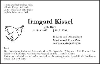 Traueranzeige von Irmgard Kissel von Trauerportal Rhein Main Presse