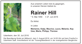 Traueranzeige von Rainer Hill 