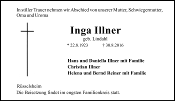Traueranzeige von Inga Illner von Trauerportal Rhein Main Presse