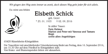 Traueranzeige von Elsbeth Schick von Trauerportal Echo Online