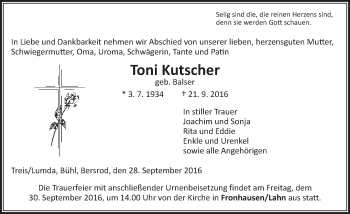 Traueranzeige von Toni Kutscher von  Gießener Anzeiger