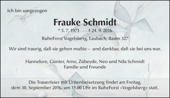 Traueranzeige von Frauke Schmidt von  Gießener Anzeiger