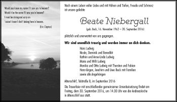 Traueranzeige von Beate Niebergall von VRM Trauer