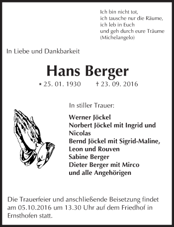 Traueranzeige von Hans Berger von Trauerportal Echo Online
