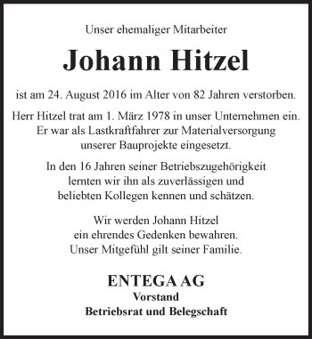 Traueranzeige von Johann Hitzel von Trauerportal Echo Online
