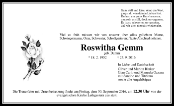 Traueranzeige von Roswitha Gemm von  Gießener Anzeiger