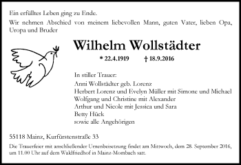 Traueranzeige von Wilhelm Wollstädter von Trauerportal Rhein Main Presse