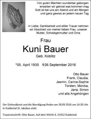 Traueranzeige von Kuni Bauer von Trauerportal Rhein Main Presse