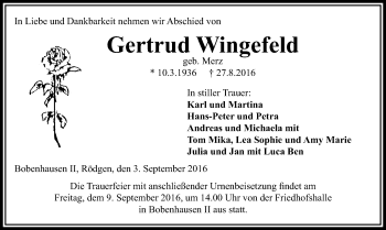 Traueranzeige von Gertrud Wingefeld von  Gießener Anzeiger