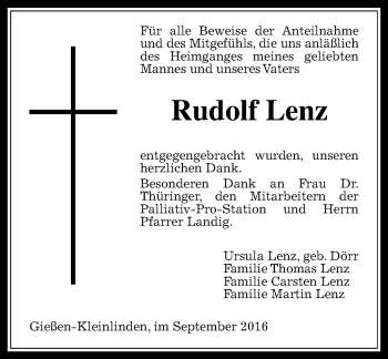 Traueranzeige von Rudolf Lenz von  Gießener Anzeiger
