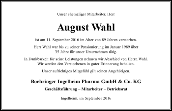 Traueranzeige von August Wahl von Trauerportal Rhein Main Presse