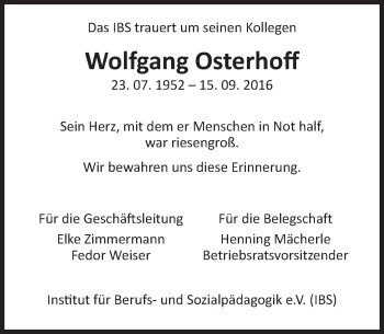 Traueranzeige von Wolfgang Osterhoff von  Gießener Anzeiger