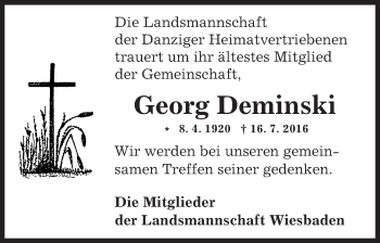 Traueranzeige von Georg Deminski von Trauerportal Rhein Main Presse