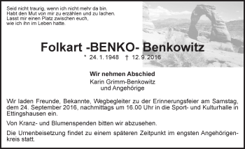 Traueranzeige von Folkart Benkowitz von  Gießener Anzeiger