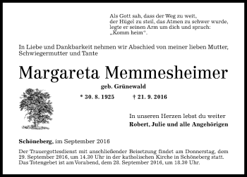 Traueranzeige von Margareta Memmesheimer von Trauerportal Rhein Main Presse