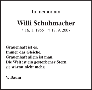 Traueranzeige von Willi Schuhmacher von  Gießener Anzeiger