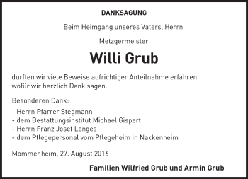 Traueranzeige von Willi Grub von Trauerportal Rhein Main Presse