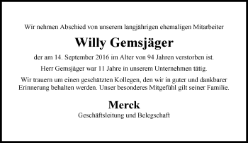 Traueranzeige von Willy Gemsjäger von Trauerportal Echo Online