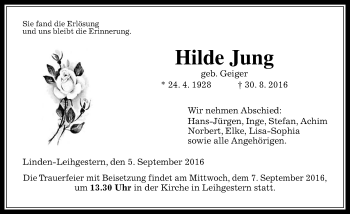 Traueranzeige von Hilde Jung von  Gießener Anzeiger