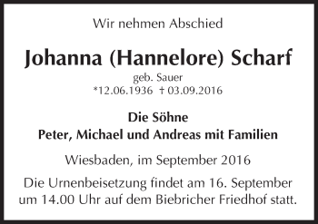Traueranzeige von Johanna  Scharf von Trauerportal Rhein Main Presse