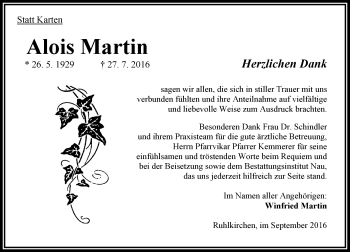 Traueranzeige von Alois Martin von VRM Trauer