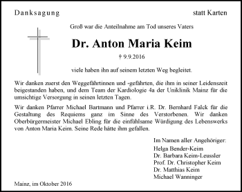 Traueranzeige von Anton Maria  Keim von Trauerportal Rhein Main Presse