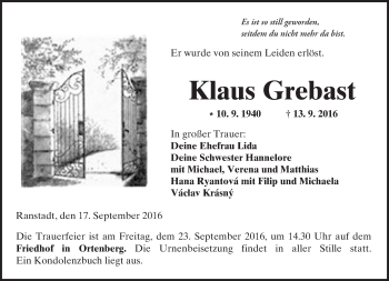 Traueranzeige von Klaus Grebast von  Kreisanzeiger