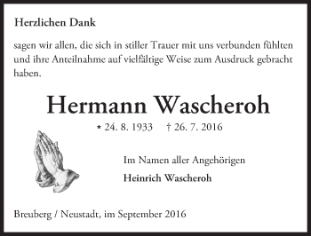Traueranzeige von Hermann Wascheroh von Trauerportal Echo Online