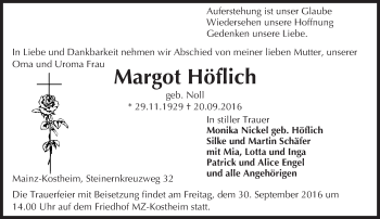 Traueranzeige von Margot Höflich von Trauerportal Rhein Main Presse
