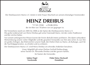 Traueranzeige von Heinz Dreibus von Trauerportal Rhein Main Presse