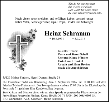 Traueranzeige von Heinz Schramm von Trauerportal Rhein Main Presse