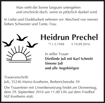 Traueranzeige von Heidrun Prechel von Trauerportal Rhein Main Presse